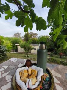 a plate of donuts on a table with a bottle at Cabañas Olluhuasi in Valle Hermoso