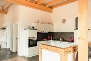 a kitchen with white cabinets and black appliances at Gut-Royum-Grosse-Diele in Brodersby