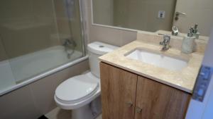 a bathroom with a sink and a toilet and a shower at DEPARTAMENTO PREMIUM en Chillán Centro, full equipado, cómodo, con estacionamiento, factura para empresas, wifi de alta velocidad in Chillán