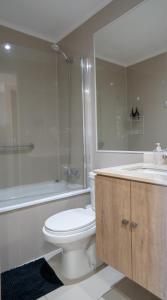 a bathroom with a toilet and a shower and a sink at DEPARTAMENTO PREMIUM en Chillán Centro, full equipado, cómodo, con estacionamiento, factura para empresas, wifi de alta velocidad in Chillán
