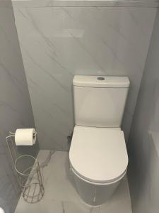 a white toilet in a bathroom with a roll of toilet paper at Casa da Ramada - Water SPA Tank with running natural spring water - by Bedzy in Braga +45 photos