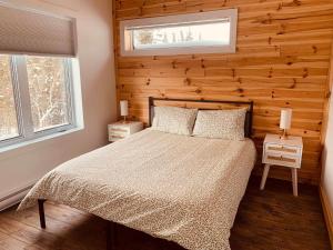 a bedroom with a bed in a wooden wall at NOvO Chalet in Saint-David-de-Falardeau +17 photos