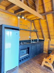 a kitchen with a sink and a stove in a cabin at Cabanas Nascer do Sol in Santo Amaro da Imperatriz