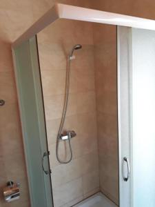 a shower with a shower head in a bathroom at Double room H Požarevac in Požarevac