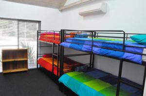 two bunk beds in a room with a window at Alpine Sports Lodge in Bright