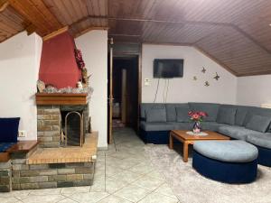 a living room with a couch and a fireplace at Elation Woodhouse in Elati