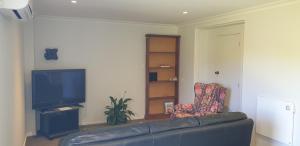 a living room with a couch and a television at Lazy Daze at Athenree in Waihi Beach