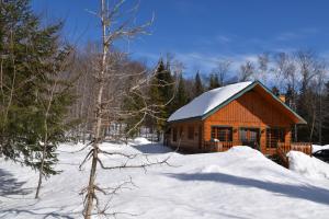 a log cabin with snow on the ground at Chalet Le Crépuscule SPA, BILLARD, FOYER, SENTIERS PRIVES in Chertsey