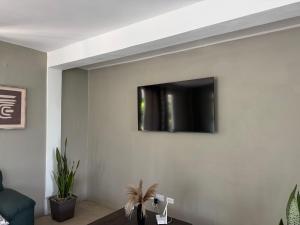 a flat screen tv on a wall in a living room at Vacation Guesthouse in Paix Bouche