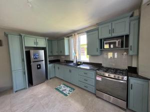 a kitchen with blue cabinets and a stove and refrigerator at Vacation Guesthouse in Paix Bouche