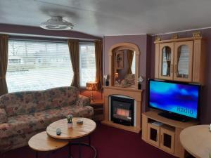 a living room with a couch and a tv at stacaravan nr16 is 5 persoons in Schoonloo