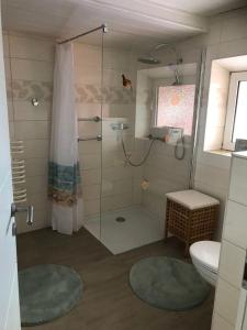 a bathroom with a shower and a toilet at Golfhues-Simone-EG-Appartement-mit-grossem-Garten in Wulfen auf Fehmarn +13 photos