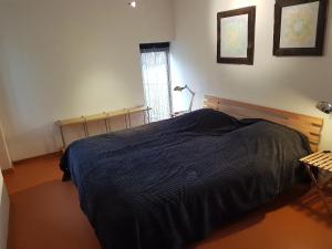 a bedroom with a bed with a blue blanket and a window at Kröte Nr 5 in Waddeweitz