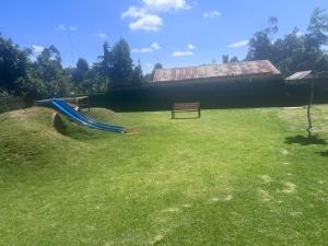 ein Park mit einer Bank und einer Rutsche im Gras in der Unterkunft Maisha Mapya in Gatimu