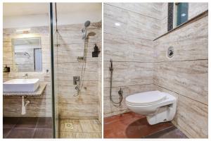 two pictures of a bathroom with a toilet and a shower at Townhouse Oak PTC Indore Junction in Indore
