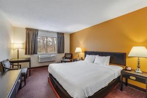 a hotel room with a bed and a desk and a window at Econo Lodge Whitehall near Michigan's Adventure in Whitehall +25 photos
