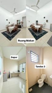 two pictures of a dining room and a living room at Eca's guest house in Temerloh