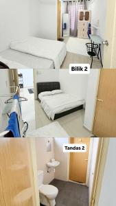 two pictures of a room with a bed and a bathroom at Eca's guest house in Temerloh