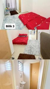 two pictures of a room with a red umbrella at Eca's guest house in Temerloh