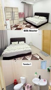 two pictures of a bedroom with a bed and a sink master at Eca's guest house in Temerloh