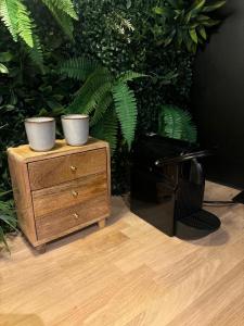 two pots on a wooden dresser next to a plant at L'écrin Secret Suite & NETFLIX Aubagne-Cassis-Marseille in Aubagne