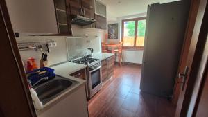 a kitchen with a sink and a stove top oven at Byt v Tatrách in Vysoké Tatry