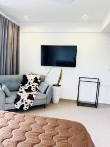 a living room with a couch and a flat screen tv at Sea esta villa in Mount Lavinia