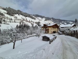 a snow covered road in front of a house at Pfandlinghof in Grossarl