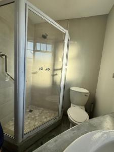 a bathroom with a shower with a toilet and a sink at Fraai Brak in Klein-Brakrivier