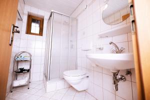 a white bathroom with a toilet and a sink at Appartement Susanna in Fügen +15 photos
