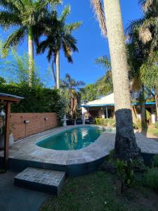 a swimming pool in a yard with palm trees at Casa Mitre en El Paso in Paso de la Patria