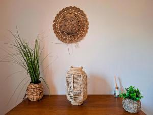 three vases sitting on a wooden table with plants at Maison 3 chambres - 6-8 personnes - piscine chauffée - jacuzzi - internet - parking - Idéal familles & pros in Monflanquin