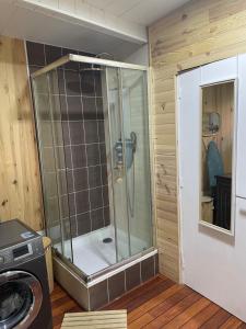 a shower in a bathroom with a washing machine at Le saint pierre in Pontarlier