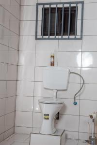 a white toilet in a bathroom with a window at Rijsdijk appartementen in Lelydorp