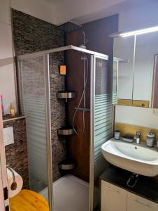 a small bathroom with a sink and a shower at Entspannen in Passau an der Donau inklusive Netflix in Passau +19 photos