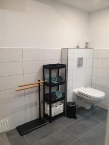 a bathroom with a toilet and a shelf with towels at Ferienwohnung zur Honigschleife in Langweiler +4 photos