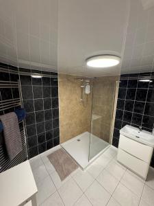 a bathroom with a shower and a toilet at Magilligan Lodge in Bellarena Station +14 photos