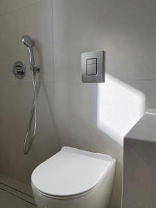 a bathroom with a white toilet and a shower at Einalia Holiday Homes by the Beach in Kardamaina +48 photos