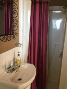 a bathroom with a sink and a red shower curtain at Motel Montgolfière JP in Saint-Jean-sur-Richelieu +35 photos
