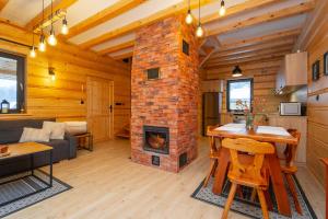 a living room with a fireplace in a log cabin at Luisówka - majestatyczny domek z jacuzzi in Stronie Śląskie