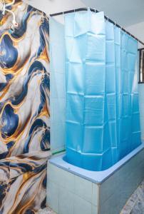 a bathroom with a shower with a mural on the wall at 4 Kays Apartment in Agege +10 photos