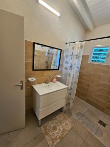 a bathroom with a sink and a shower at Maison de vacances in Deshaies +21 photos