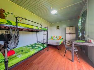 a room with two bunk beds and a desk at Banana Bar San Juan Family Digital Nomad Stay Starlink Fast WiFi Solar Backup in San Juan