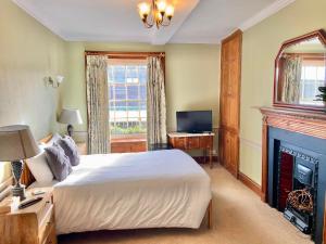 a bedroom with a bed and a fireplace and a television at The Beacons Guest House in Brecon
