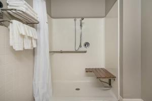 a bathroom with a shower with a bench in it at Baymont by Wyndham Baldwin in Baldwin