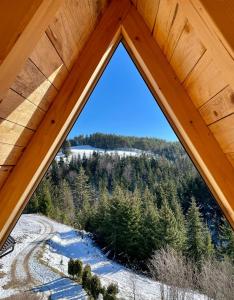 an attic view of a forest from a wooden roof at The Tara Concept in Šljivovica
