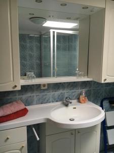 a bathroom with a sink and a mirror at Ferienwohnung Wieck Greifswald in Wieck