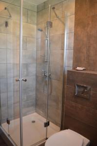 a shower stall with a toilet in a bathroom at Mojone Izby in Maruszyna +2 photos