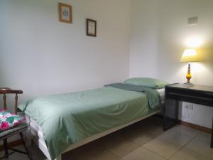 a bedroom with a bed and a desk with a lamp at Flores del bosque in Ushuaia
