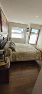 a bedroom with a large bed and two windows at Depto 3 in Villarrica